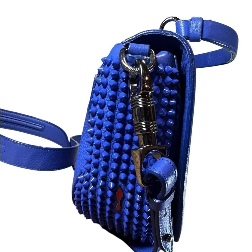 CHRISTIAN LOUBOUTIN Blue Leather Panettone Spiked Messenger Crossbody Bag